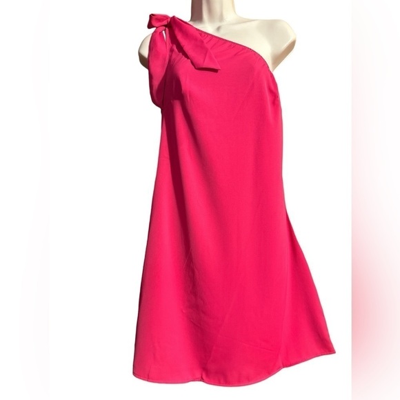 Barbie Hot Pink One Shoulder Bow Tie A Line Mini Dress Zipper Side Lined - Picture 1 of 13